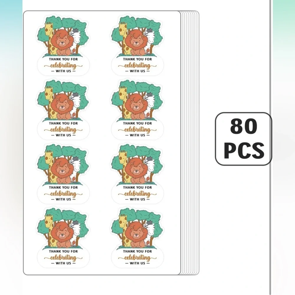 NWT (80) Jungle Animal Thank You for Celebrating with us Stickers